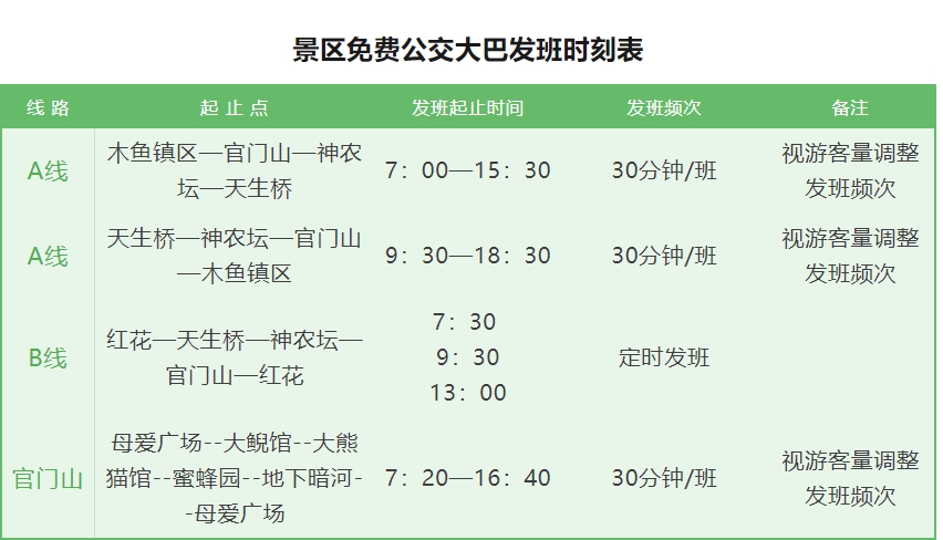 神農(nóng)架景區(qū)免費(fèi)公交大巴發(fā)班時刻表